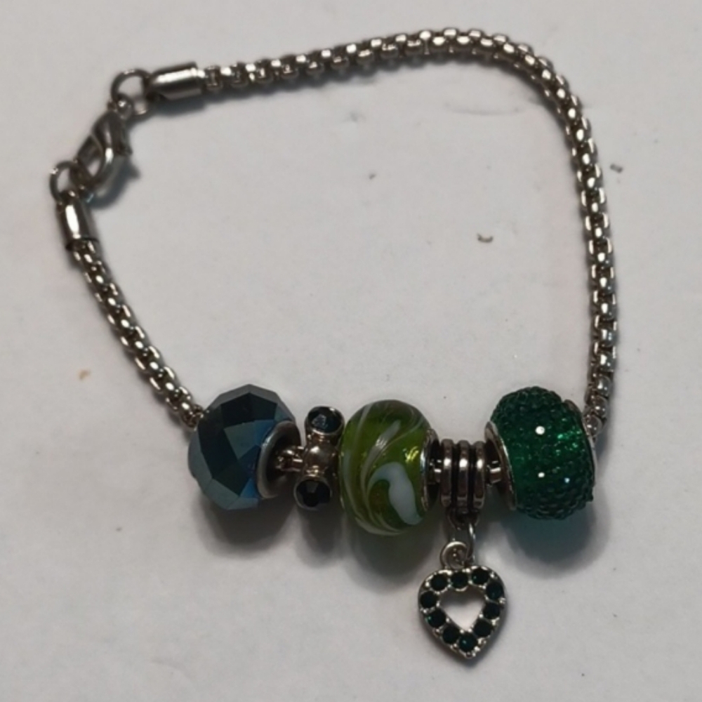 4/$30 Metallic Charm Bracelet - 5 Green & Metallic Charms